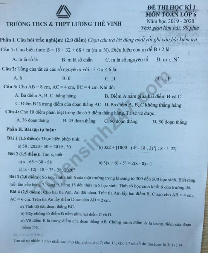 Đề thi kì 1 môn Toán lớp 6 năm 2019 - 2020 Lương Thế  Vinh