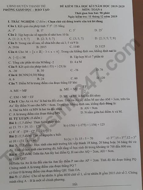 Đề thi kì 1 môn Toán lớp 6 Phòng GD Thanh Trì 2019 - 2020