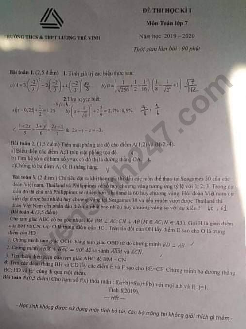 Đề thi kì 1 lớp 7 môn Toán THPT Lương Thế Vinh 2019 - 2020