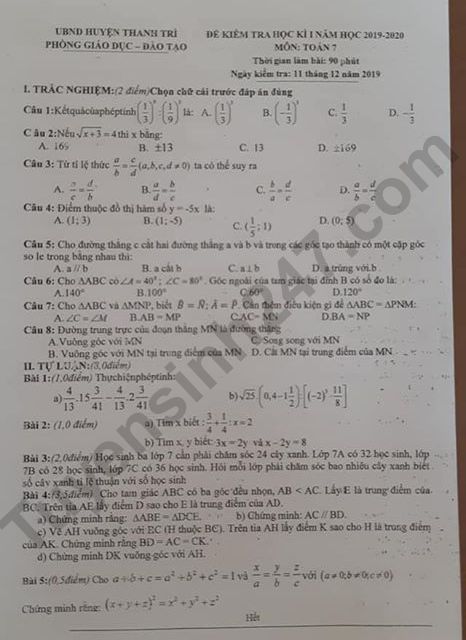 Đề thi kì 1 lớp 7 môn Toán năm 2019 - 2020 Phòng GD Thanh Trì