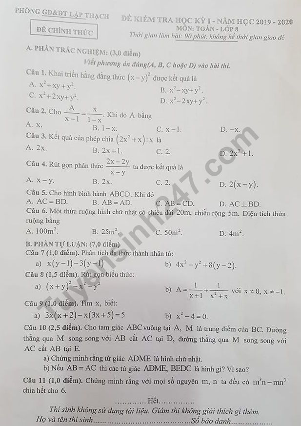 Đề thi kì 1 môn Toán lớp 8 năm 2019 Phòng GD Lập Thạch