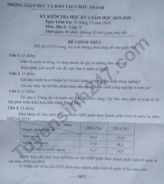 Đề thi kì 1 môn Địa lớp 9 năm 2019 - 2020 Châu Thành