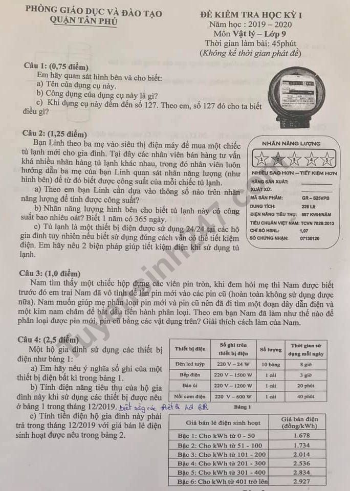 Đề kiểm tra kì 1 lớp 9 môn Lý Quận Tân Phú 2019 - 2020