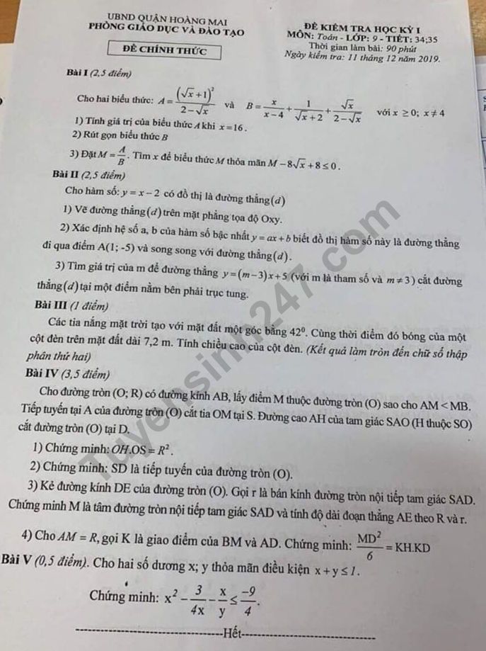 Đề thi kì 1 môn Toán lớp 9 Quận Hoàng Mai 2019 - 2020