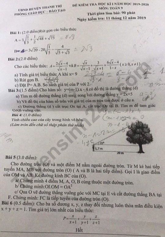 Đề thi kì 1 lớp 9 môn Toán Phòng GD Thanh Trì 2019 Có đáp án