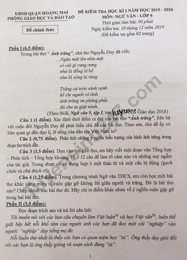 Đề thi kì 1 lớp 9 môn Văn 2019 - 2020 Quận Hoàng Mai Có đáp án