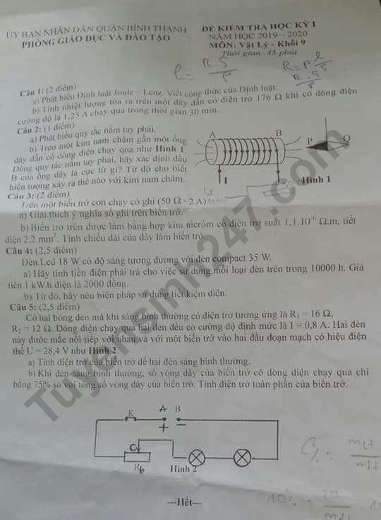 Đề thi học kì 1 môn Vật Lý lớp 9 Phòng GD&ĐT Bình Thạnh 2019-2020