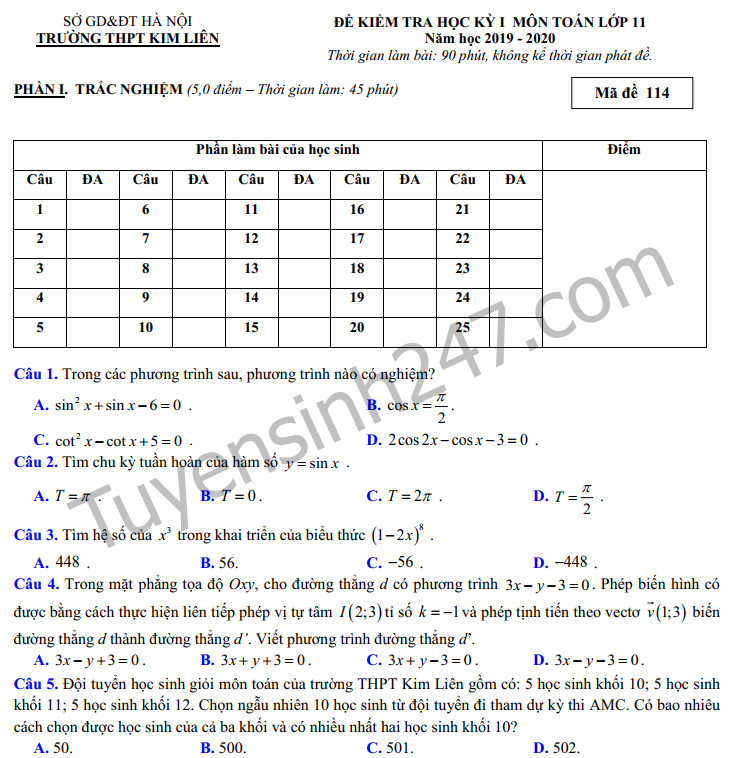 Đề thi cuối học kì 1 lớp 11 môn Toán THPT Kim Liên năm 2019-2020