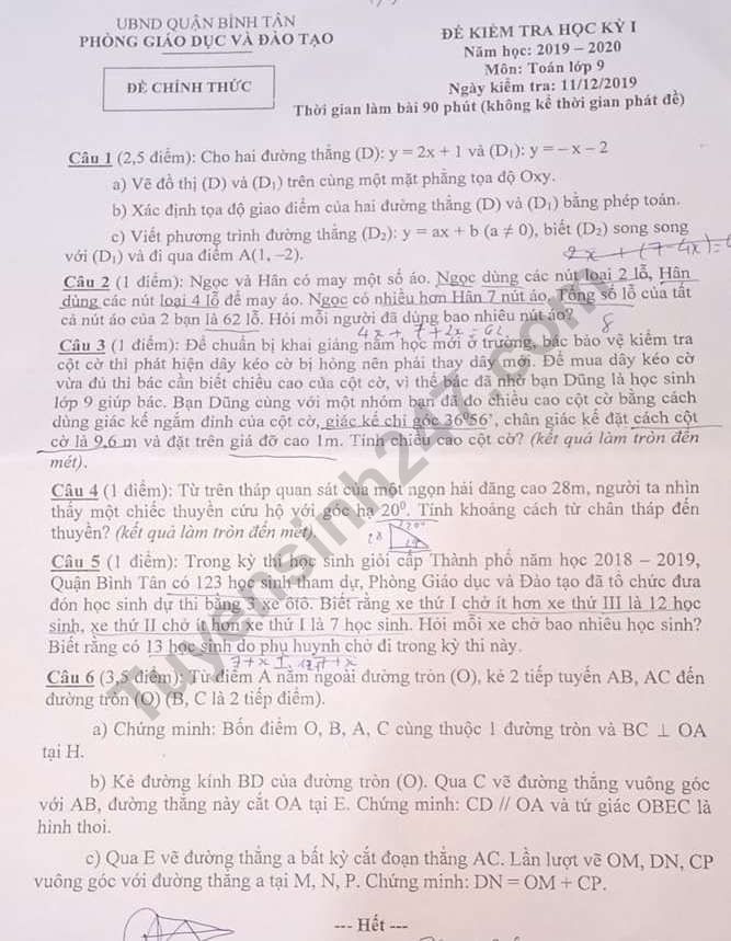 Đề thi kì 1 môn Toán lớp 9 Phòng GD&ĐT Bình Tân năm 2019-2020