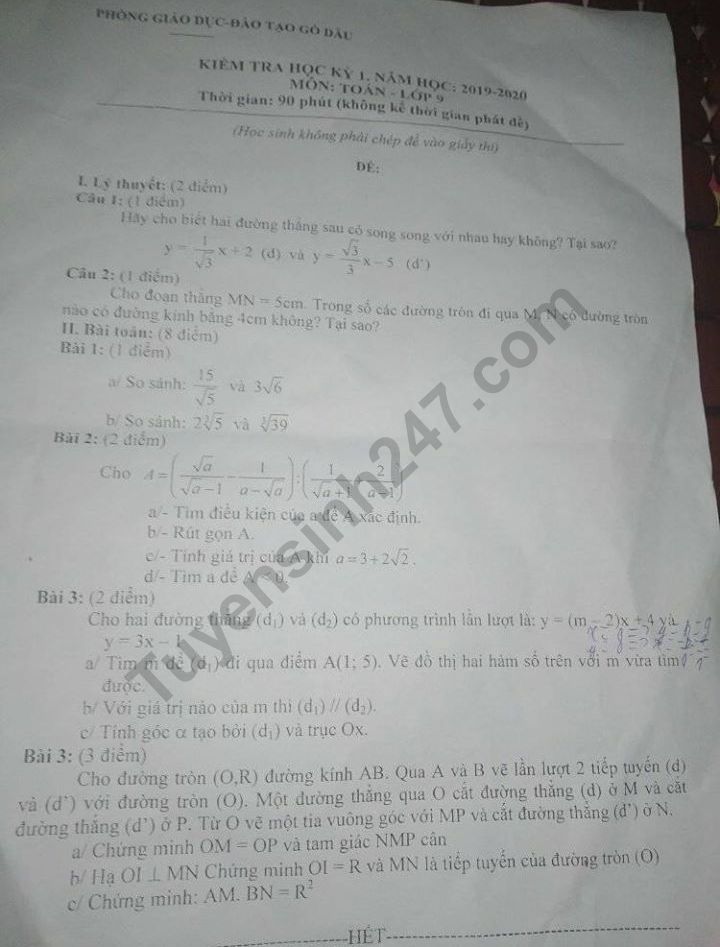 Đề thi học kì 1 lớp 9 môn  Toán Phòng GD&ĐT Gò Dầu  2019-2020