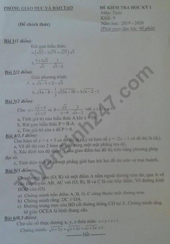 Đề thi cuối kì 1 môn Toán lớp 9 - THCS Đông Anh năm 2019-2020