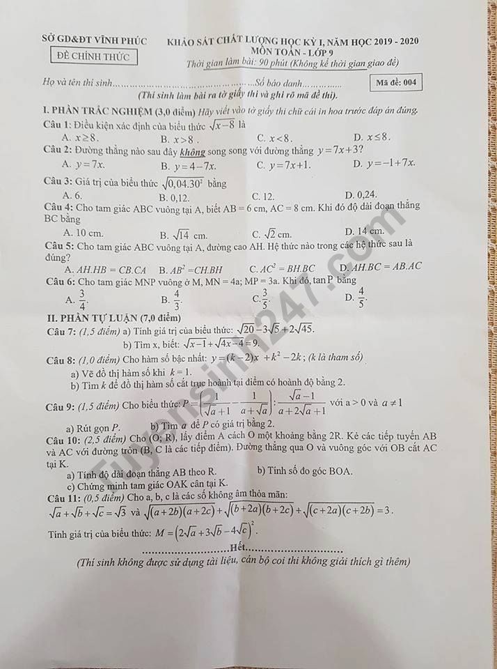 Đề thi môn Toán kì 1 lớp 9 Sở GD&ĐT Vĩnh Phúc năm 2019-2020