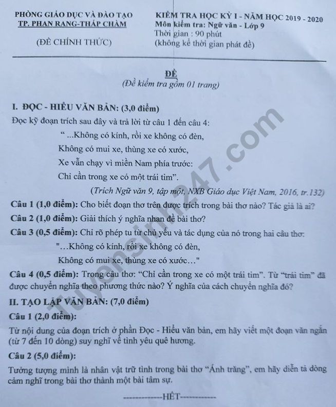 Đề thi kì 1 Văn lớp 9 Phòng GD&ĐT TP. Phan rang-Tháp Chàm năm 2019