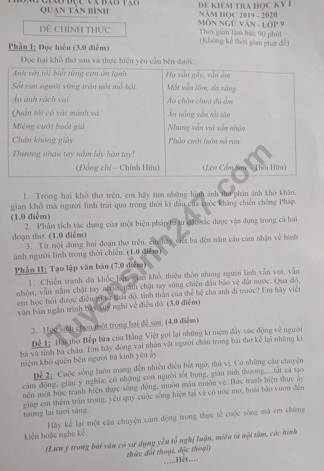 Đề thi học kì 1 Văn lớp 9 năm 2019-2020 Phòng GD&ĐT Tân Bình 