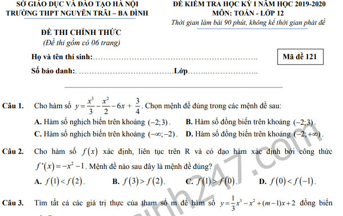 Đề thi kì 1 môn Toán lớp 12 THPT Nguyễn Trãi HN 2019 - 2020 