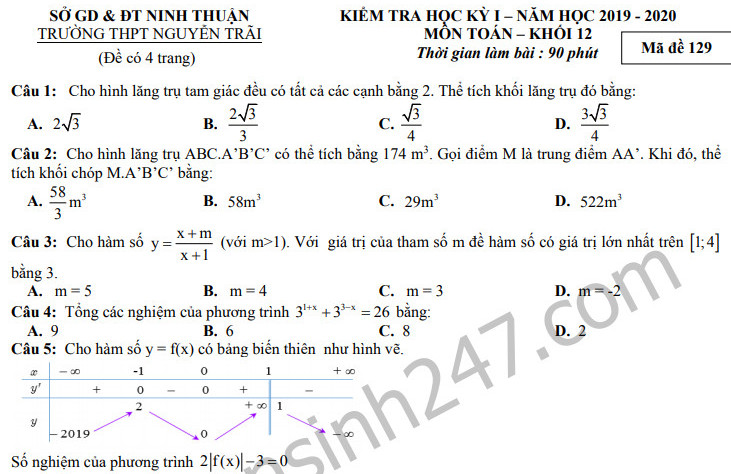 Đề thi kì 1 lớp 12 môn Toán 2019 - 2020 THPT Nguyễn Trãi - Ninh Thuận