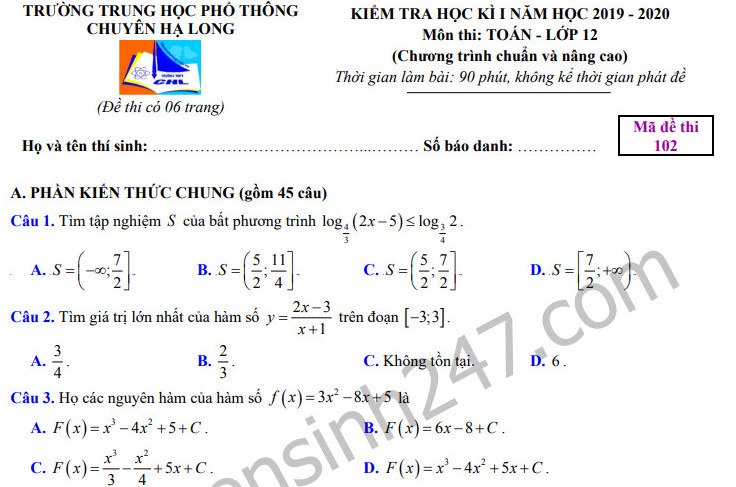 Đề thi kì 1 môn Toán lớp 12 năm 2019 - 2020 THPT Chuyên Hạ Long