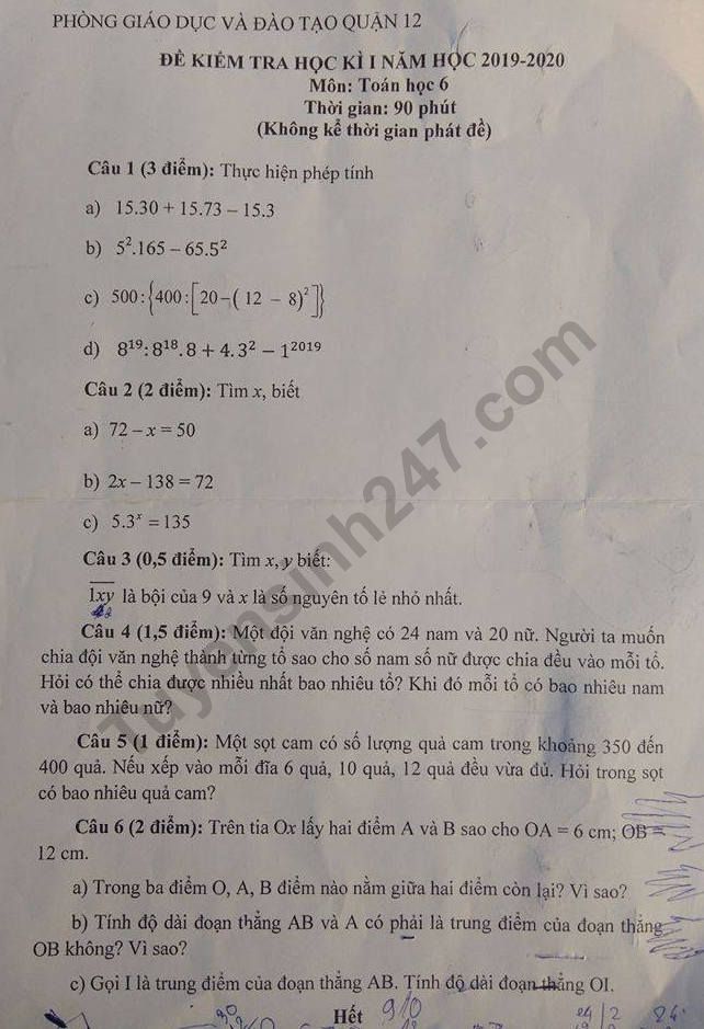 Đề thi kì 1 môn Toán lớp 6 Quận 12 năm 2019 - 2020