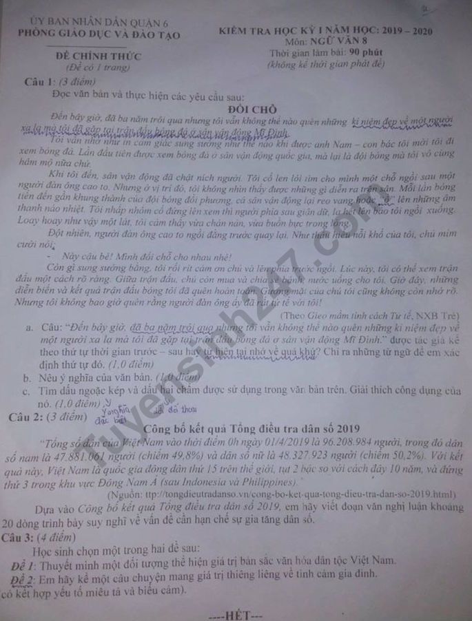 Đề thi kì 1 môn Văn Quận 6 lớp 8 năm 2019