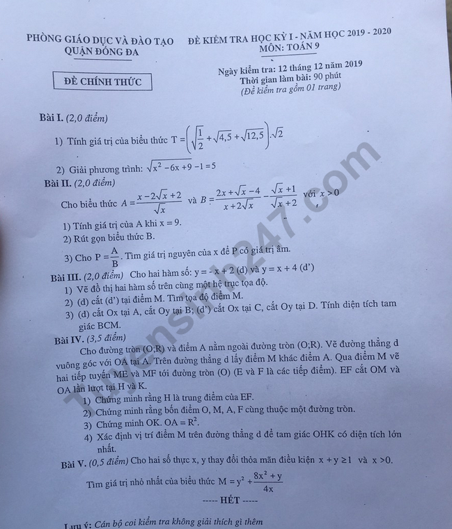 Đề thi kì 1 môn Toán lớp 9 Quận Đống Đa 2019 - 2020