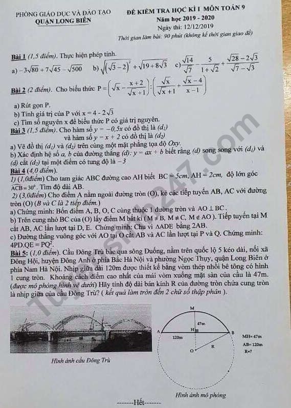 Đề thi kì 1 môn Toán lớp 9 Quận Long Biên 2019 Có đáp án