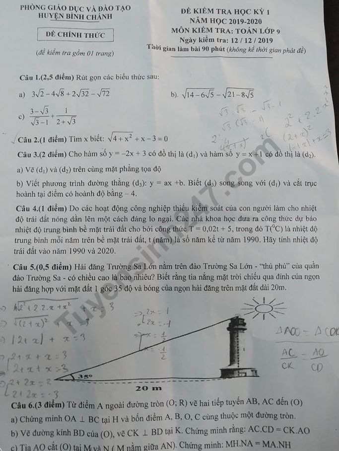 Đề thi kì 1 lớp 9 môn Toán 2019 - 2020 Phòng GD Bình Chánh