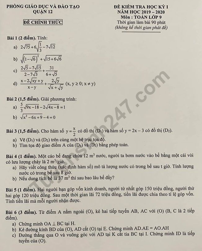 Đề thi kì 1 lớp 9 môn Toán 2019 - 2020 Quận 12