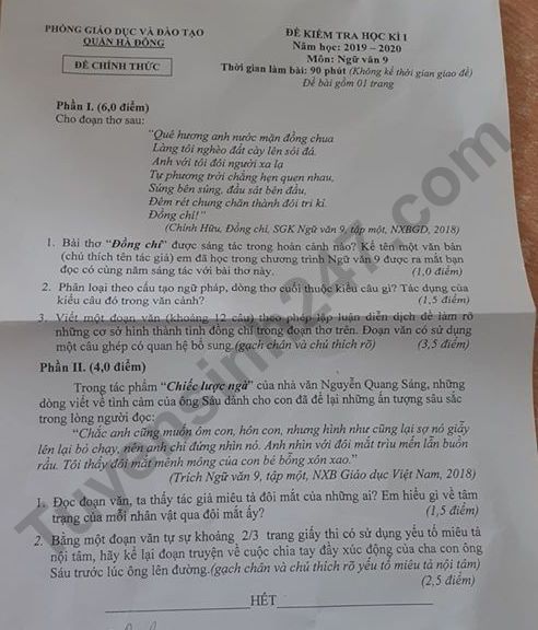 Đề thi kì 1 môn Văn lớp 9 Quận Hà Đông 2019 - 2020