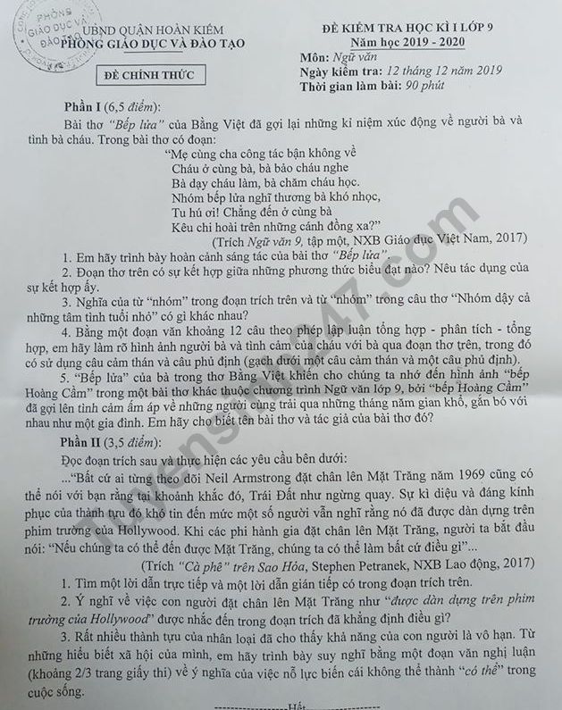 Đề thi kì 1 lớp 9 môn Văn 2019 - 2020 Quận Hoàn Kiếm (Có đáp án)