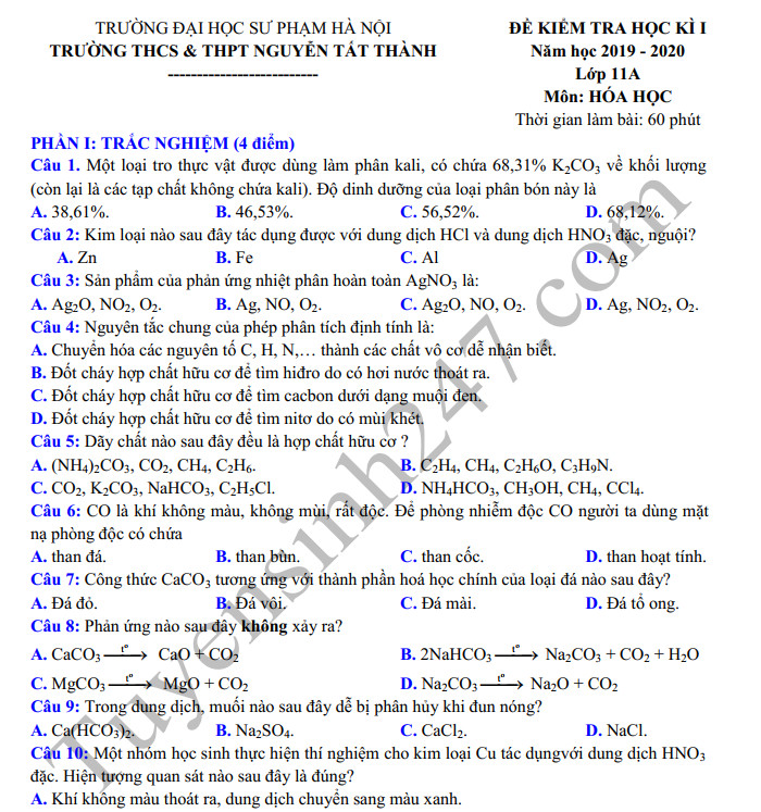 Đề thi  kì 1 môn Hóa lớp 1 - THPT Nguyễn Tất Thành năm 2019-2020