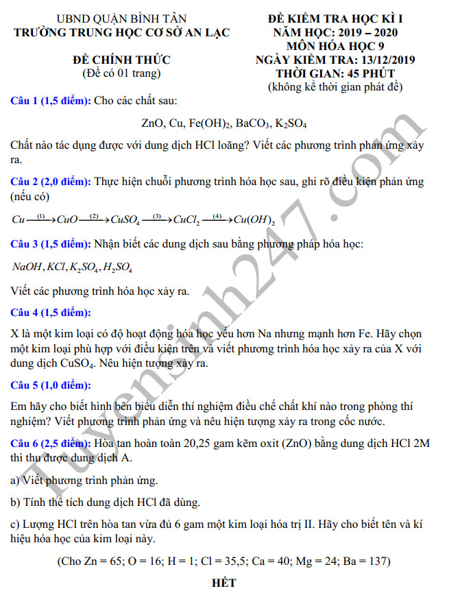 Đề thi cuối kì 1 môn Hóa 9 Trường THCS An Lạc năm học 2019-2020
