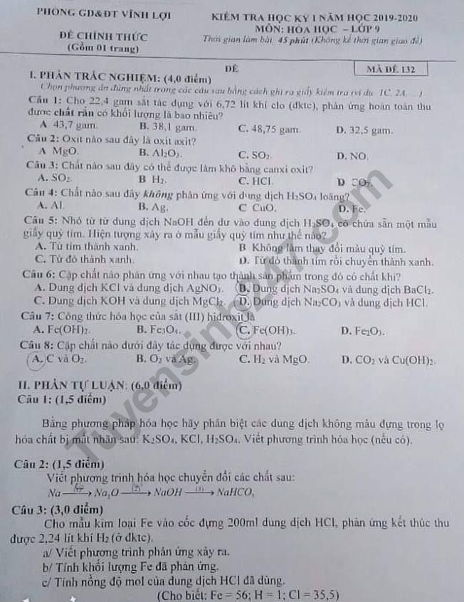 Đề thi cuối kì 1 môn Hóa lớp 9 Phòng GD&ĐT Vĩnh Lợi năm 2019-2020