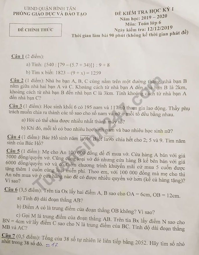 Đề thi kì 1 môn Toán lớp 6 quận Bình Tân 2019 - 2020