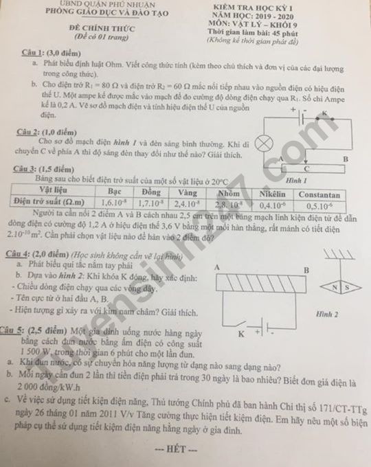 Đề kiểm tra kì 1 lớp 9 môn Lý 2019 Quận Phú Nhuận