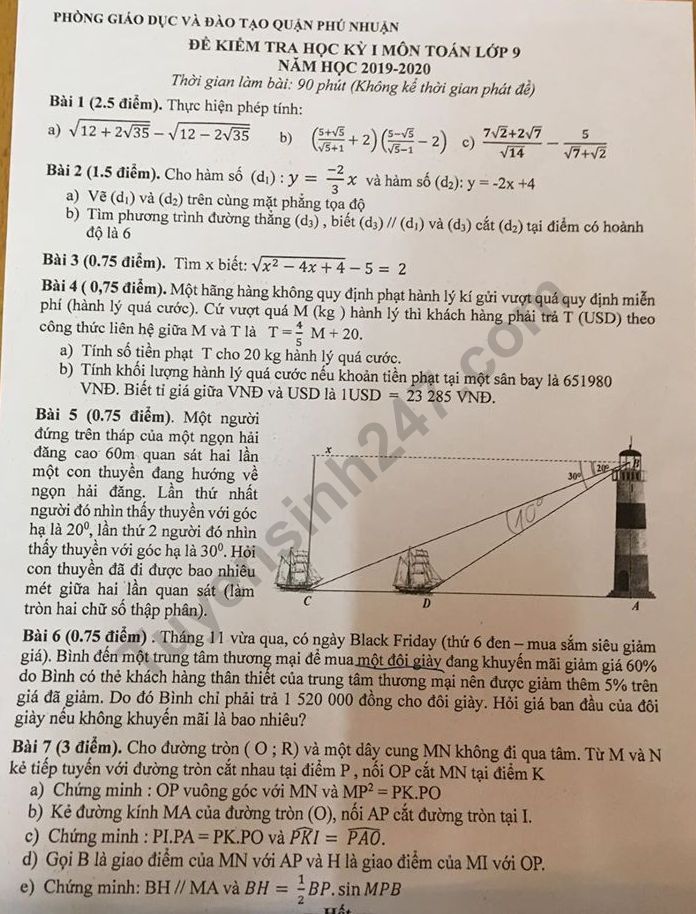 Đề thi kì 1 môn Toán lớp 9 Quận Phú Nhuận 2019 - 2020