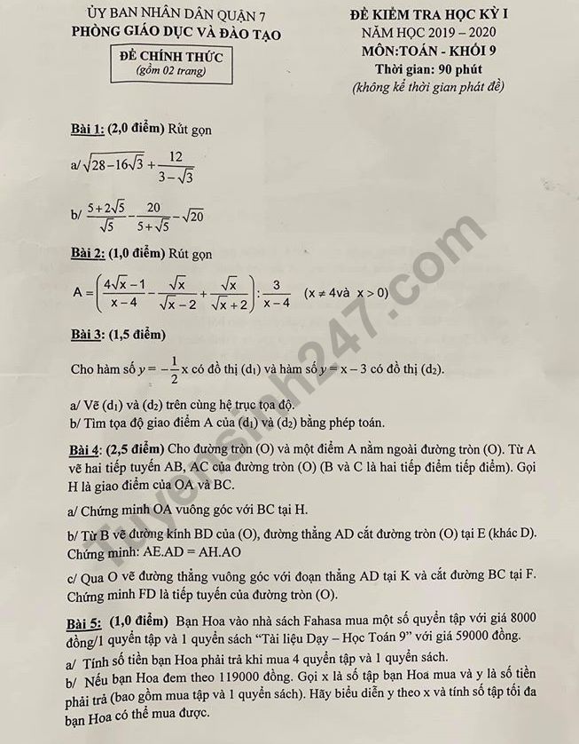 Đề thi kì 1 lớp 9 môn Toán - Quận 7 năm 2019 