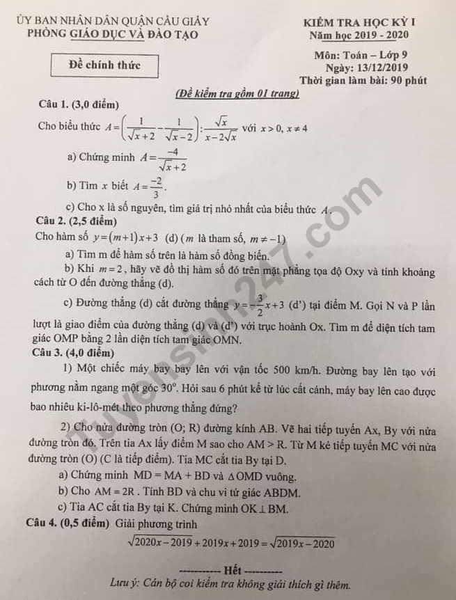 Đề thi kì 1 lớp 9 môn Toán 2019 - 2020 Quận Cầu Giấy có đáp án