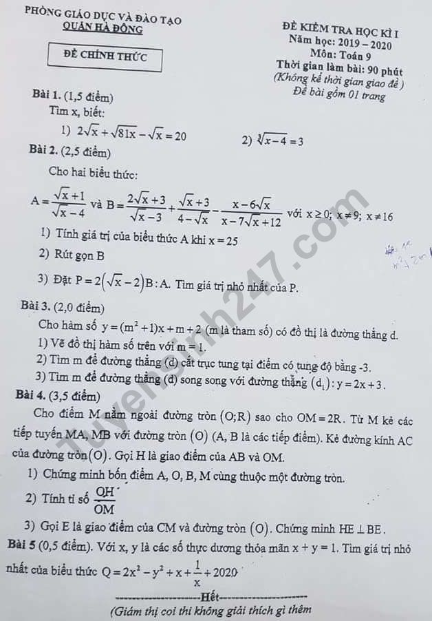 Đề thi kì 1 môn Toán lớp 9 năm 2019 Quận Hà Đông