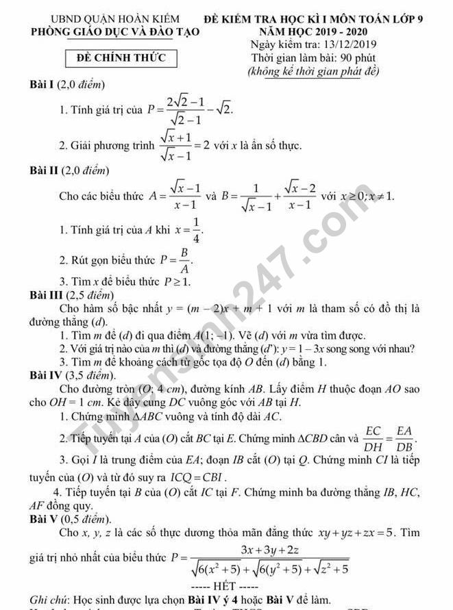Đề thi và đáp án kì 1 lớp 9 môn Toán Quận Hoàn Kiếm 2019 - 2020