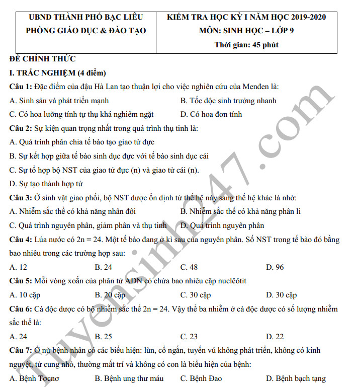 Đề thi kì 1 lớp 9  môn Sinh năm 2019 Phòng GD&ĐT Bạc Liêu 