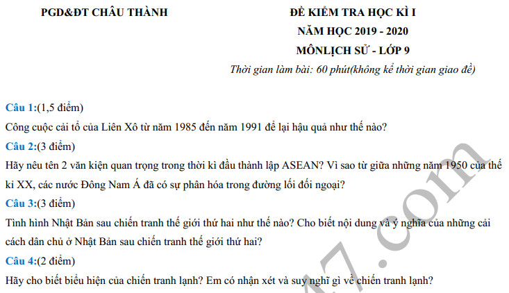 Đề thi môn Sử lớp 9 năm 2019 Phòng GD&ĐT Châu Thành 