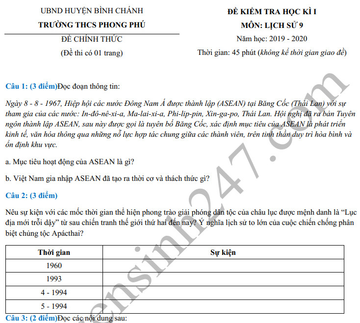 Đề thi môn Sử  học kì 1 lớp 9 THCS Phong Phú năm 2019-2020