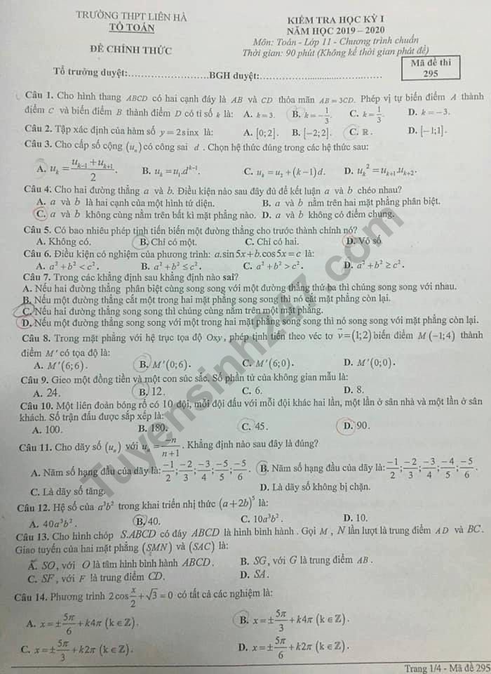 Đề thi học kì 1 môn Toán lớp 11 - THPT Liên Hà năm 2019-2020