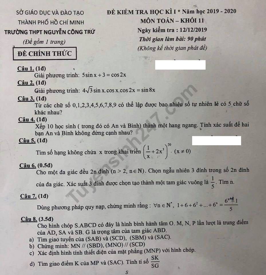 Đề thi học kì 1 môn Toán lớp 11 THPT Nguyễn Công Trứ 2019