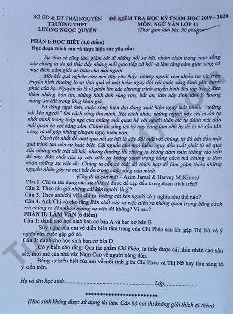 Đề thi học kì 1 môn Văn  lớp 11 THPT Lương Ngọc Quyến năm 2019