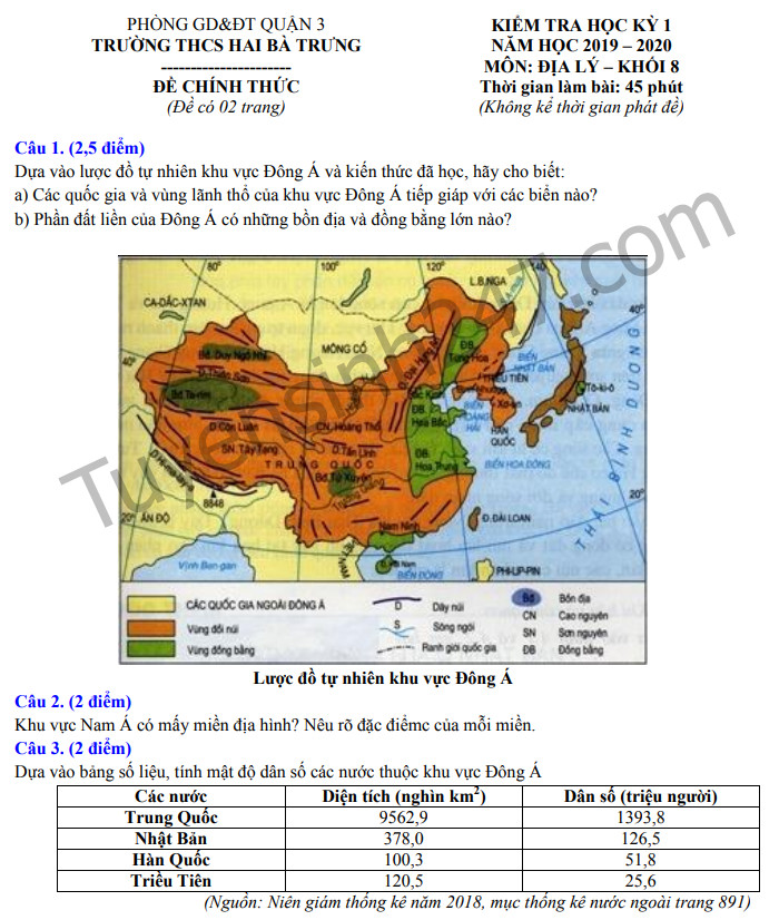 Đề thi cuối kì 1 lớp 8 môn Địa THCS Hai Bà Trưng  năm 2019