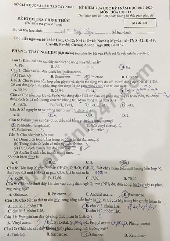 Đề thi  kì 1  môn Hóa lớp 12 Sở GD&ĐT Tây Ninh năm 2019