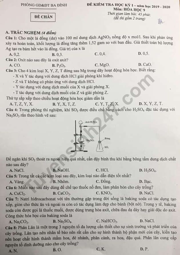 Đề thi môn Hóa lớp 9 kì 1 Phòng GD&ĐT Ba Đình năm 2019