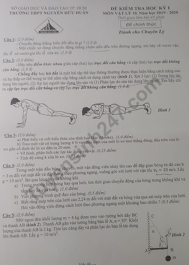 Đề thi học kì 1 lớp 10 môn Lý - THPT Nguyễn Hữu Huân năm 2019