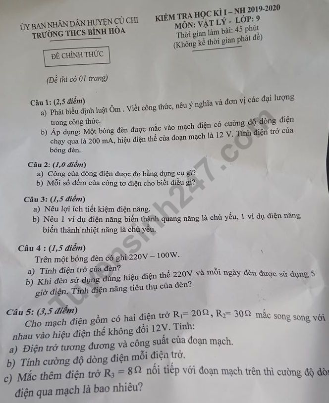 Đề thi kì 1  môn Lý lớp 9 - Trường THCS Bình Hòa năm 2019